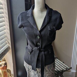 Anne Klein Medium Black Sweater Vest Top With Tie Belt Ribbed